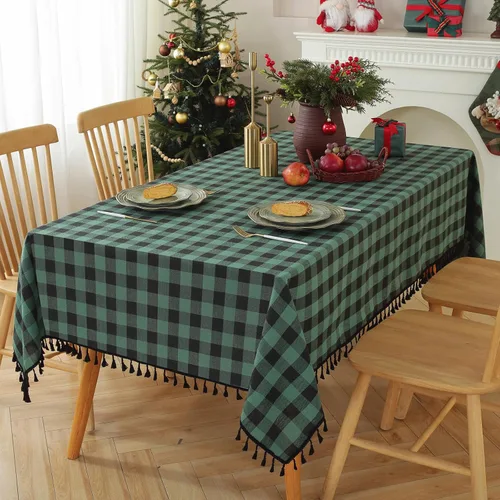 Miniatura 9 de JIALE - Mantel cuadrado de lino de algodón de cuadros Gingham con borlas, lavable, sin arrugas, mantel a cuadros de búfalo para fiesta al aire