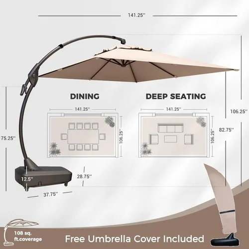 Miniatura 2 de Grand Patio 9x12 pies Sombrilla voladiza con base y funda para exterior, sombrilla rectangular de aluminio para terraza y jardín (Champán, 9x12 pies)