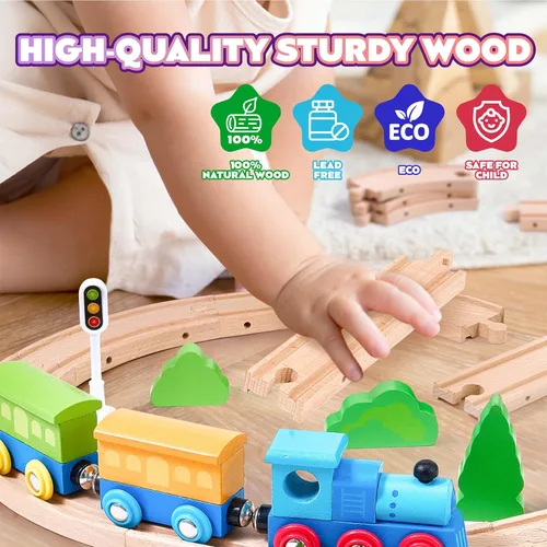 Miniatura 5 de Set de 102 piezas de tren de madera para niños pequeños, pista de tren de madera: ampliable y intercambiable, juguetes de tren educativos seguros