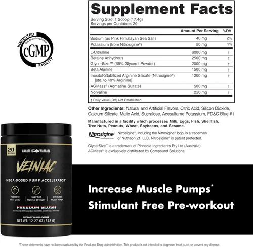 Miniatura 5 de Anabolic Warfare Veiniac - Suplemento activador de bomba muscular sin estimulantes antes del entrenamiento con L-citrulina, betaína anhidra y AGMass