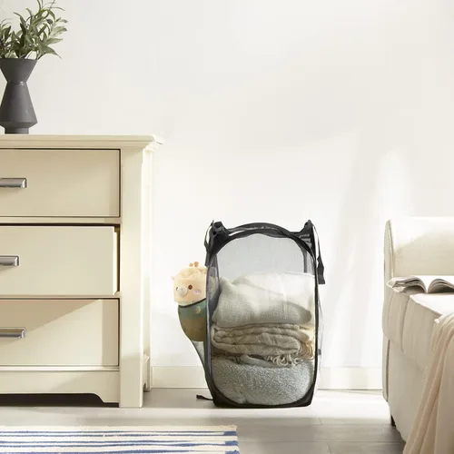 Miniatura 7 de TECHMILLY Cesta plegable de malla para la ropa sucia con asas resistentes y bolsillo lateral, cestas plegables portátiles para ropa para dormitorio