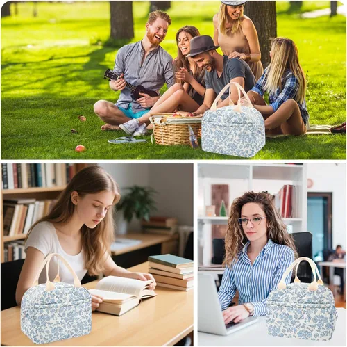 Miniatura 7 de Lonchera acolchada de algodón aislada, bonita bolsa acolchada con estampado floral, reutilizable, aislada, coqueta, de gran capacidad, hielera