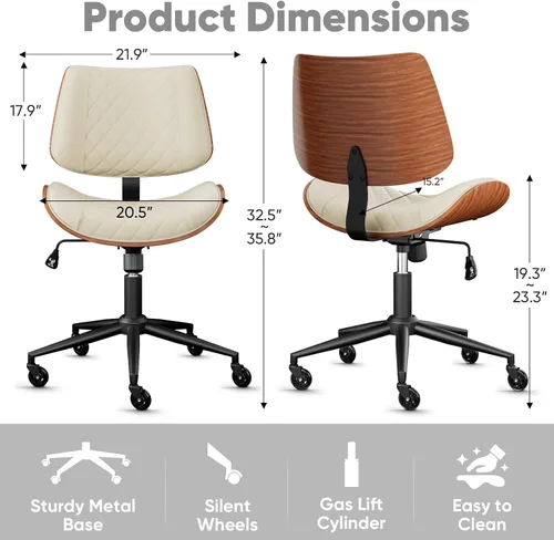 Miniatura 2 de Home Office Desk Chair with Swivel Wheels, Mid-Century Modern PU Leather Armless Office Chair, Small Mid Back Computer Chair for Home Office
