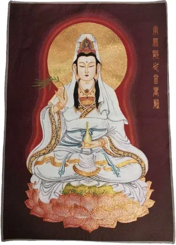 China Budismo paño de seda Avalokiteshvara Guangyin Kwan-yin Thangka Mural colgante de pared para decoración casera tapiz meditación