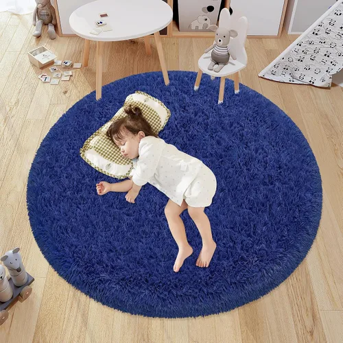 Miniatura 15 de Alfombra circular pequeña para dormitorio, 2 x 2 pies, color azul, para decoración de habitación de niños, redonda esponjosa para guardería
