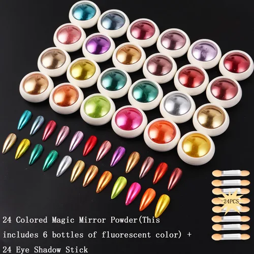 Miniatura 3 de Juego de 24 polvos cromados para uñas, efecto espejo metálico, holográfico, iridiscente, aurora, sirena, pigmento de polvo de uñas plateado, rojo