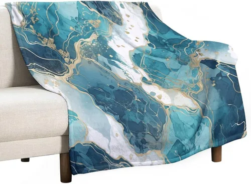 Miniatura 31 de Manta con textura de mármol, turquesa, verde azulado, dorado, cálida, franela dorada y verde esmeralda, acogedora manta de felpa cálida y ligera