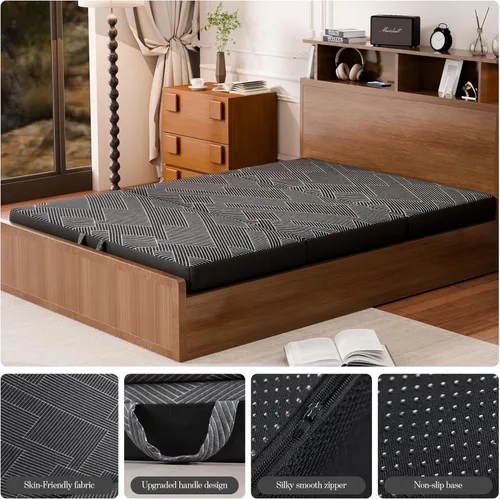 Miniatura 7 de Colchón triple plegable tamaño individual – Colchón plegable de espuma viscoelástica triple con funda lavable, asa y parte inferior antideslizante