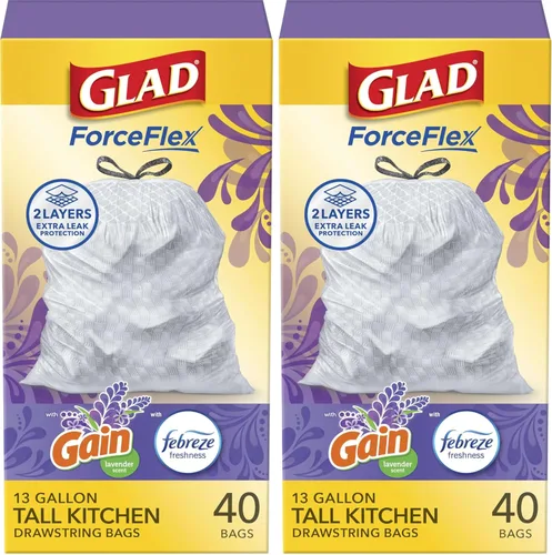 Glad ForceFlex - Bolsas de basura altas con cordón, bolsas de basura blancas de 13 galones para basura de cocina alta, lavanda mediterránea con