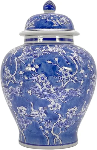 Galt International Tarro chinoiserie de grúa floral azul y blanco de 12 pulgadas con tapa, tarro de jengibre, almacenamiento de té, decorativo,