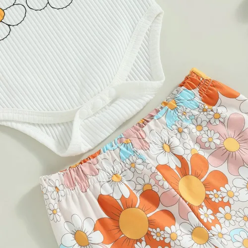 Miniatura 5 de BULINGNA Conjunto de dos piezas de verano para bebé niña sin mangas con estampado de arco iris + pantalones cortos florales de PPpantalones