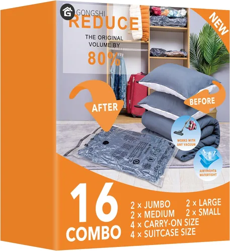 Miniatura 15 de 10 paquetes de bolsas de almacenamiento al vacío (5 x grandes, 5 x medianas), bolsas compresoras selladoras ahorradoras de espacio con bomba de mano