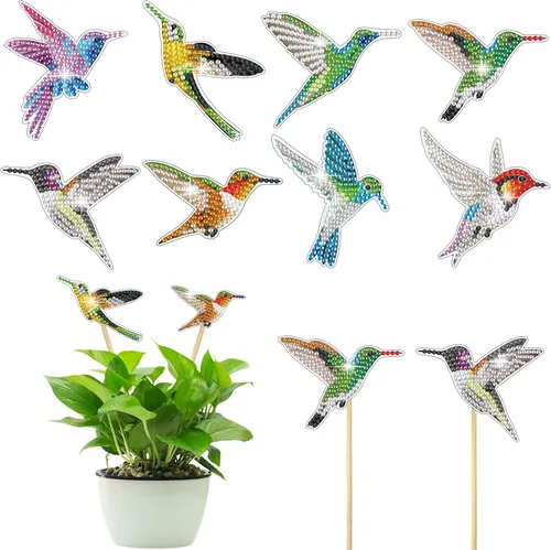 Vcekract 8 Kits de Pintura de Diamante de Colibrí, Kits de Arte de Diamantes para Decoración de Jardín, Estacas de Jardín Kits de Arte de Diamantes