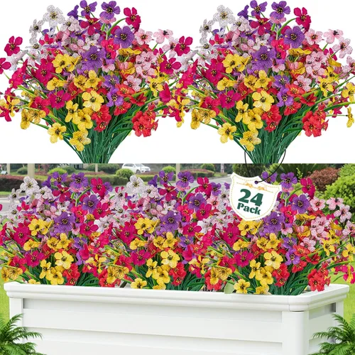 Miniatura 11 de Lnoicy - 24 piezas de flores artificiales para exteriores, decoración de flores de plástico, arbustos de flores falsas resistentes a los rayos UV