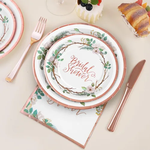 Miniatura 3 de Decoraciones de Ducha Nupcial en Oro Rosa, 168 Piezas de Platos y Servilletas para Despedida de Soltera, Platos de Papel Florales para 24, El Amor