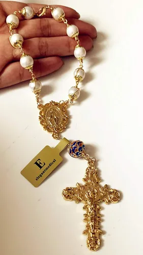 Miniatura 4 de elegantmedical Hecho a mano alambre de oro envuelto 10MM perlas reales oración católica una década rosario pulsera cruz regalo y caja