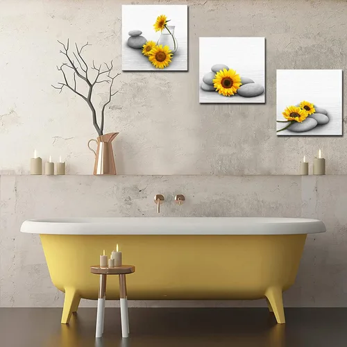 Miniatura 3 de Biuteawal Lienzo de girasol para pared, 3 piezas, pintura amarilla y gris, relajante con piedra zen, ilustraciones impresas para spa, baño, sala