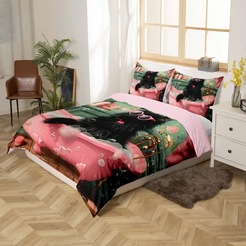 Miniatura 5 de Juego de funda de edredón para niños con diseño de gato negro, tamaño individual, juego de ropa de cama de animales lindos con burbujas de baño