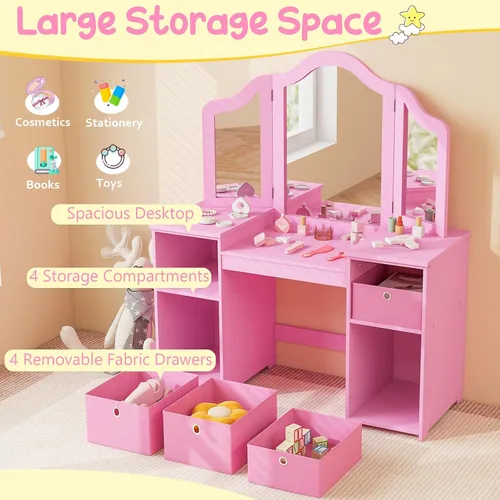 Miniatura 3 de Costzon Tocador para Niños, Juego de Escritorio y Silla de Maquillaje de Princesa 2 en 1 con Espejo Tri-Plegable, 4 Cubos de Almacenamiento, Mesa