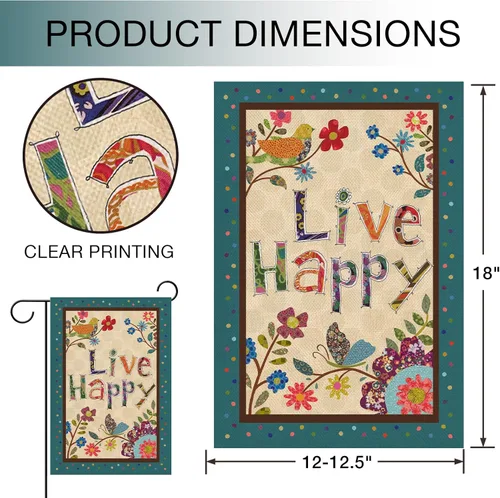 Miniatura 2 de Hzppyz Live Happy - Bandera decorativa pequeña para jardín con flores, pájaro, primavera y verano, cita inspiradora para casa, patio, decoración