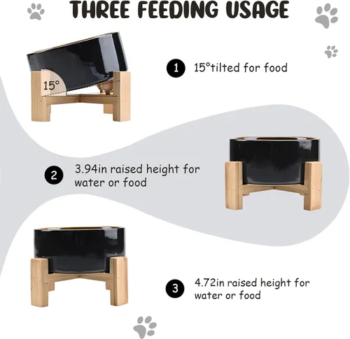 Miniatura 2 de SPUNKYJUNKY Cuenco de cerámica inclinado de 15° para perros y gatos con soporte de madera, cuenco inclinado para comida y agua para bulldog, Azul