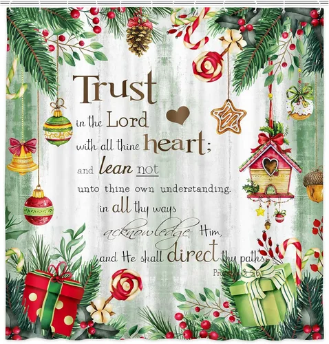 Miniatura 2 de NYMB Cortina de ducha de Navidad, bola de Navidad con ramas de pino con citas inspiradoras Trust in The Lord, cortina de baño de madera rústica