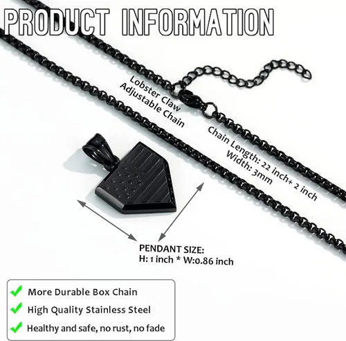 Miniatura 3 de HattiDoris Collar de placa de béisbol para hombre, colgante de escudo de bandera de Estados Unidos, cadena de acero inoxidable de 22 + 2 pulgadas