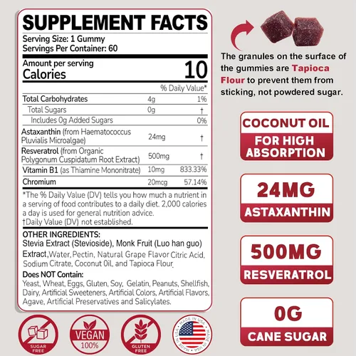 Miniatura 2 de Suplementos de astaxantina de 24 mg con resveratrol, vitamina B1, aceite de coco, antioxidantes orgánicos de algas para hombres y mujeres