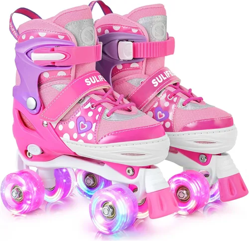 Miniatura 10 de SULIFEEL Patines ajustables de ruedas para niñas de 5-8 6-12 años con lunares y lazo, ruedas iluminadas, 4 tamaños ajustables para patinaje