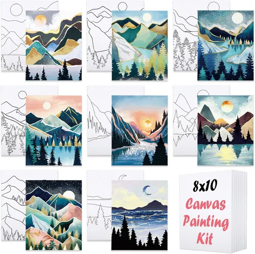 Miniatura 8 de Paquete de 8 lienzos predibujados para pintar para adultos, suministros para fiestas de pintar y beber, juego de pintura en lienzo para artistas