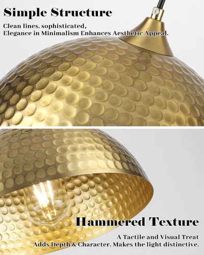 Miniatura 5 de Paquete de 2 luces colgantes doradas para isla de cocina, lámpara colgante de cúpula martillada de 12 pulgadas, luces colgantes de cocina de granja