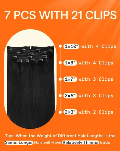 Miniatura 3 de Full Shine - Extensiones de clip de cabello humano, extensiones doble capa de cabello brasileño lacio - Color 1, negro azabache, 7 piezas, 4.2 onzas