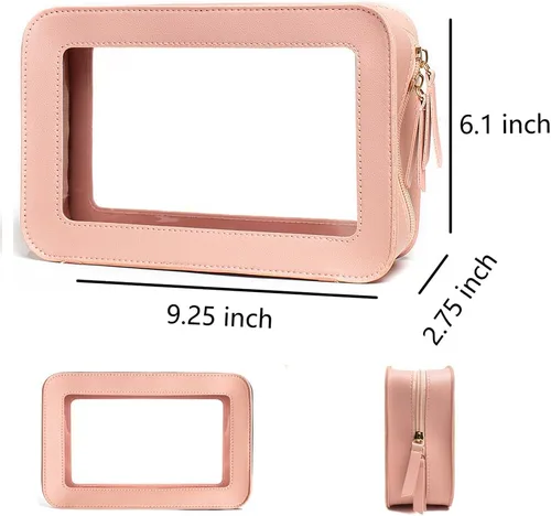 Miniatura 6 de Bolsa de maquillaje transparente pequeña, aprobada por la TSA, bolsa de aseo portátil con cremallera, bolsa de viaje para cosméticos, estuche Rosa