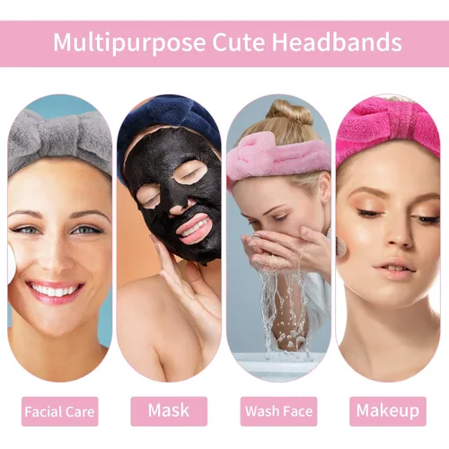 Miniatura 4 de Ondder Paquete de 8 diademas de maquillaje con lazo, bandas para el cabello cosmético facial esponjosas para mujeres y niñas, ideales para lavar