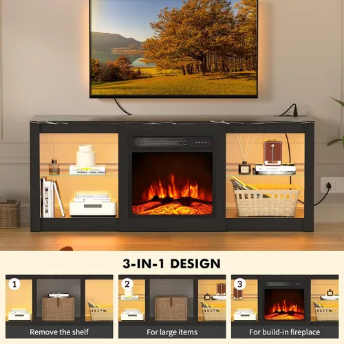 Miniatura 2 de Zionheat Soporte de TV de 58 pulgadas con chimenea de 18 pulgadas, centro de entretenimiento con luz LED para TV de 65 pulgadas, gabinete de TV