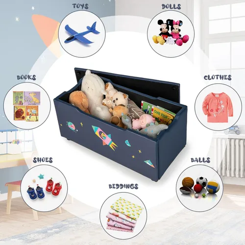 Miniatura 3 de HONEY JOY Caja de juguetes de madera para niños, baúl grande 2 en 1 de almacenamiento de juguetes con asiento acolchado acolchado, asas de Azul