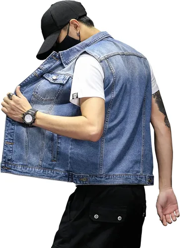 Miniatura 3 de DAVID.ANN Chaleco de mezclilla para hombre, chaqueta sin mangas de camionero