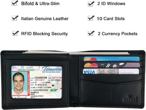 Miniatura 31 de HIMI - Cartera elegante de cuero auténtico para hombre, con bloqueo de interferencia de radiofrecuencia (RFID), con 2 ventanas para identificación