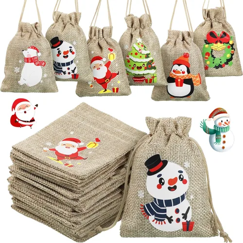 Shappy 60 bolsas pequeñas de regalo de arpillera de Navidad para compañeros de trabajo, 8 estilos, mini bolsas de regalo de Navidad con cordón de