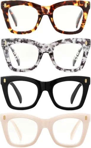 JM - Paquete de 4 anteojos de lectura sobredimensionados para mujeres, estilo ojo de gato a la moda, estilo Oprah, con bloqueo de luz azul, anteojos