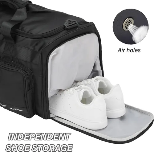 Miniatura 3 de MAXTOP Bolsa de gimnasio grande para hombres y mujeres con compartimento para zapatos, separación húmeda y seca, bolsa de lona negra para viajes