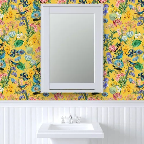 Miniatura 9 de Muestro de papel tapiz extraíble, selva tropical, amarillo, dibujado a mano, botánico, pájaros tropicales, papel pintado prepegado personalizado por