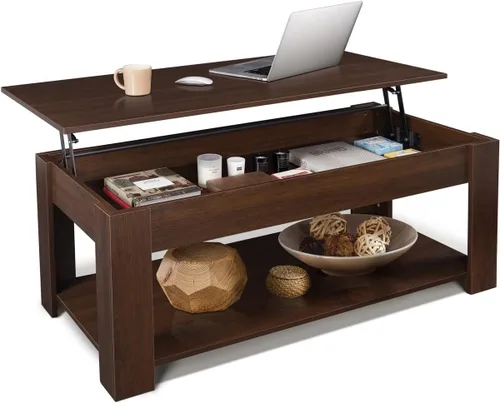 Miniatura 10 de CAPHAUS Mesa auxiliar elevable con almacenamiento y compartimento oculto, mesa elevadora para sala de estar, estante inferior abierto, 41 pulgadas