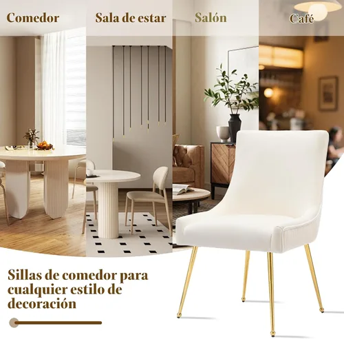 Miniatura 8 de adochr Juego de 2 sillas de comedor modernas con patas de metal dorado, silla de cocina tapizada de terciopelo, respaldo plisado, silla decorativa