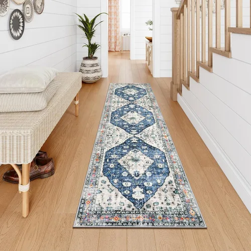 Miniatura 3 de Lahome Alfombra Corredor Tribal Bohemia - 2x8 pies Azul Lavable Corredores para Pasillos Alfombra de Baño, Oriental Suave Antideslizante Pelo Bajo
