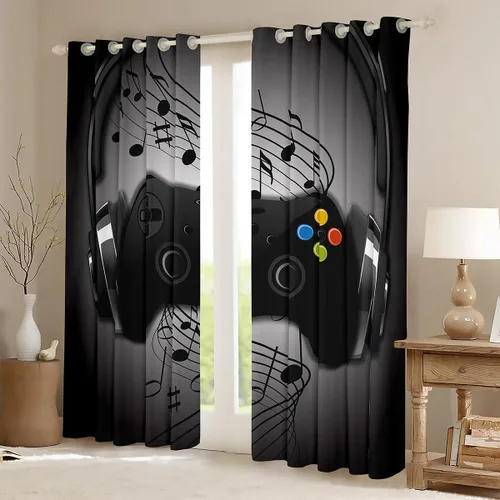 Miniatura 2 de Cortinas de juegos negros y grises, con diseño de notas musicales, cortina de ventana de gamepad para niños, decoración de sala de videojuegos