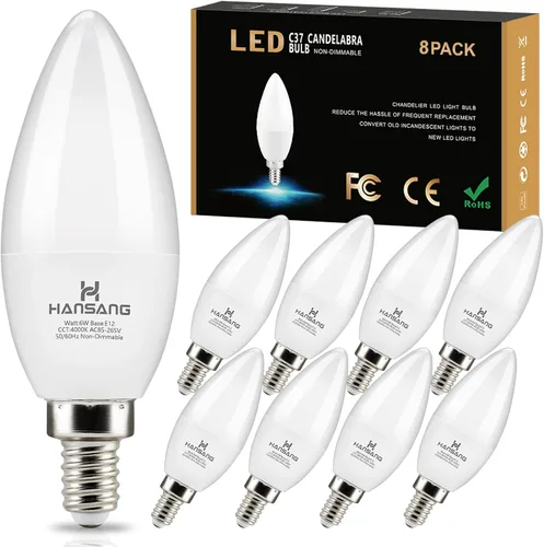 Paquete de 8 bombillas LED E12 de 4000 K luz natural, base pequeña tipo B para candelabro, equivalente a 6 W, 60 W, bombillas para ventilador de Luz