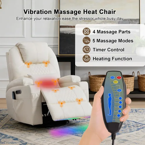 Miniatura 5 de Silla reclinable giratoria de doble motor para adultos con calor y masaje, mecedora eléctrica de pared para guardería, sala de estar con luces LED