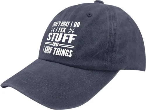 Miniatura 2 de Gorro de béisbol con texto en inglés "That's Whats I Do I Fix Stuff and I Know Things" para mujer, diseño gráfico lavado de mezclilla ajustable