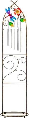 Miniatura 2 de Enrejado de jardín con soportes para plantas, enrejado de metal desmontable de 48 pulgadas para maceta con libélula y campanillas de viento